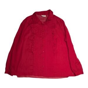 Vtg 1970s Rejoice Red Lightweight Pintucked Ruffle Detail Button Up Top XL